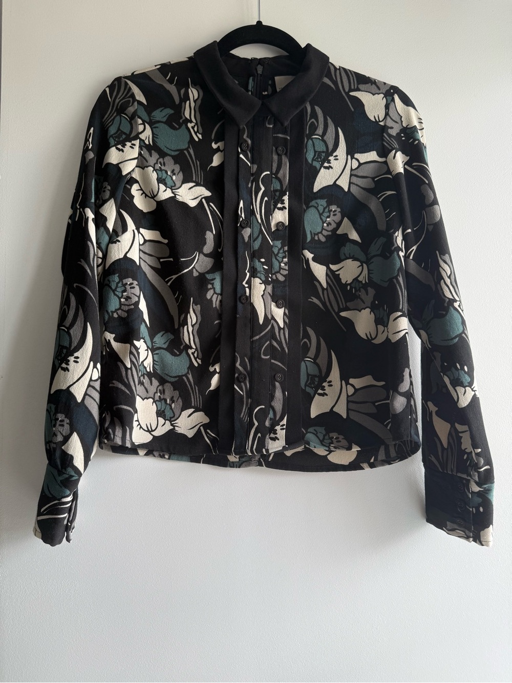 Black green grey and cream Floral Button-Front Women's blouse